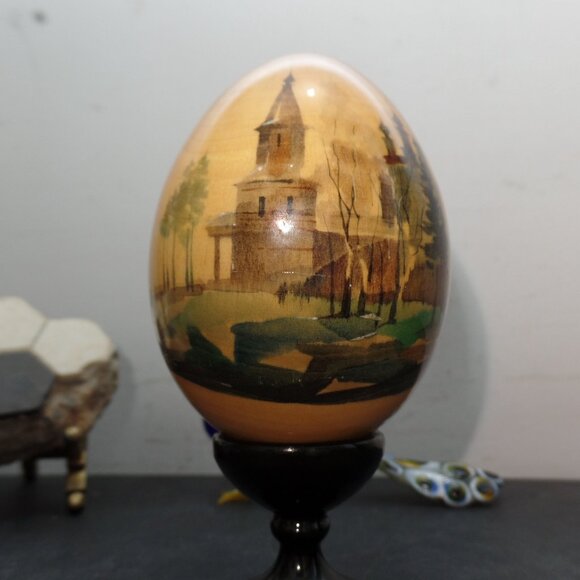 Vintage Russian Hand Painted Wooden Egg w/ Stand - Picture 11 of 13